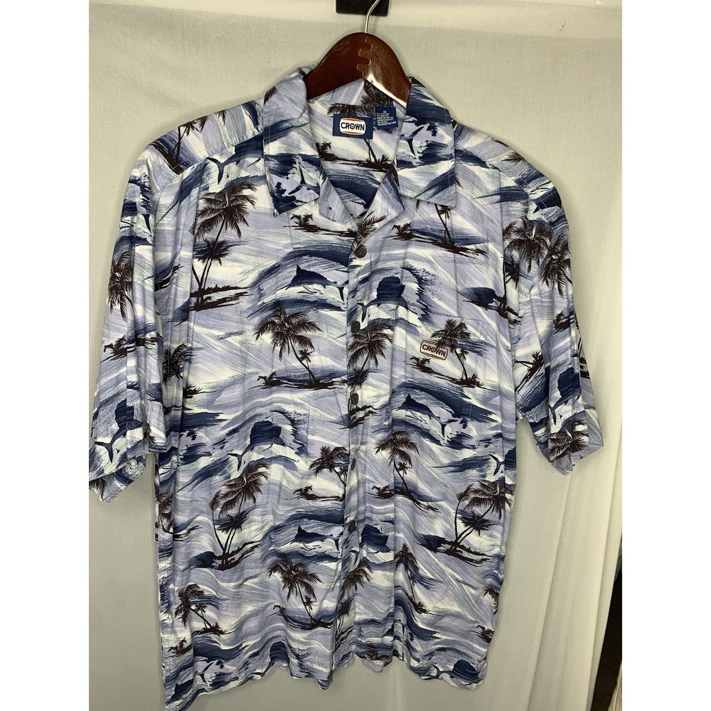 Mens XL Crown Palm Tree Fish Print Button Down Hawaiian Shirt‎ Resort